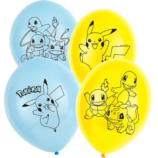 Partydekorasjon: Pokémon - Gule og blå ballonger med Pikachu, Bulbasaur, Charmander og Squirtle (6 stk) - Gamingsjappa.no