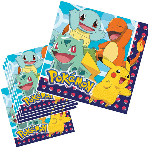 Bursdagsservise: Pokémon - Servietter med Pikachu, Bulbasaur, Charmander og Squirtle (16 stk)