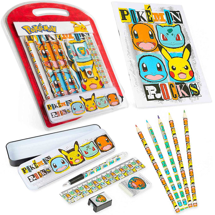 Skolesett: Pokémon - Pikachu-skriveblokk, pennal, penn, fargeblyanter med mer