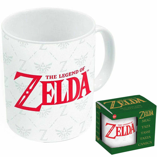 Kopp/krus: The Legend of Zelda-logo med emblemer i bakgrunnen
