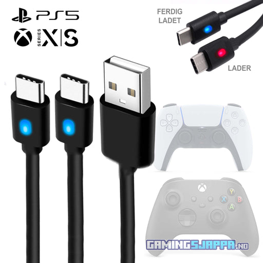 2-in-1 LED-belyst USB-ladekabel til PlayStation 5 og Xbox Series X kontrollere Gamingsjappa.no