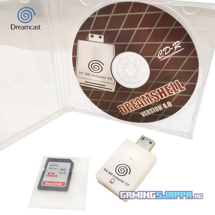 Dreamshell til Sega Dreamcast med SD-kortadapter og 32GB SD-kort