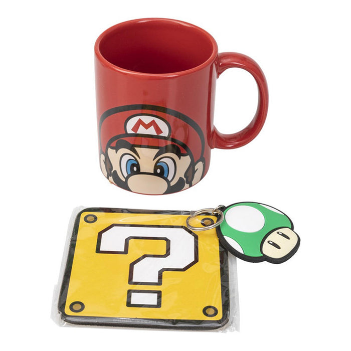 Gavesett/kopp: Super Mario kopp med 1-up sopp nøkkelring og drikkebrikke