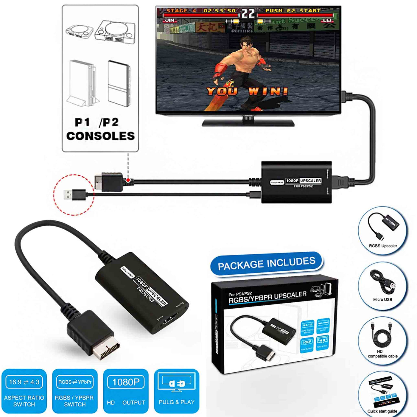 HDMI Upscaleradapter til PlayStation 1 og PlayStation 2 PS1, PS2 (1