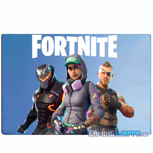 Skrivebordsmatter fra Fortnite-serien Logo og tre spillere