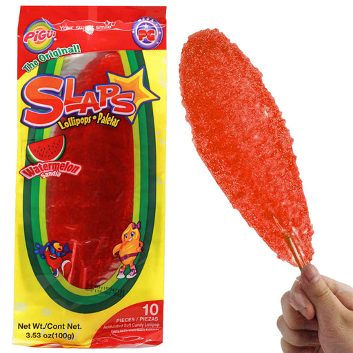 Karamell: Slaps Lollipops rød med vannmelonsmak 10 stk [100g] (Pigüi)