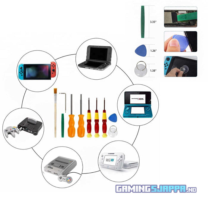 Verktøysett: Tri-Point Y00/Y0, Philips PH00, Gamebit 3.8/4.5, Torx TR8, børste, åpningsverktøy og sugekopp