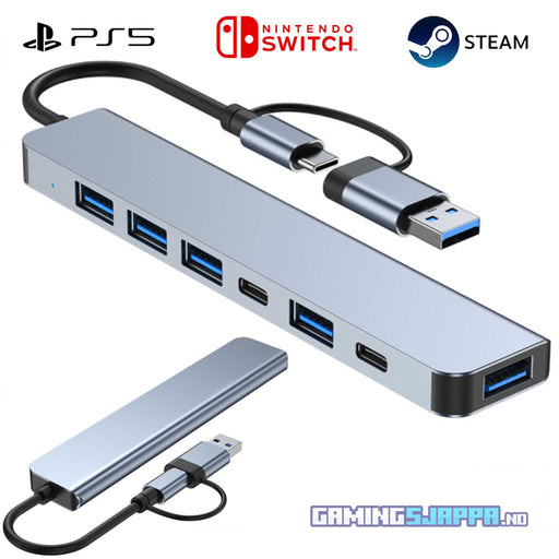 USB 3.0 og USB-C Hub | 7-in-1 adapter til Switch, PS5, XSX, PC og annet Gamingsjappa.no